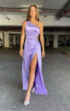Vintage Lilac Side Slit One Shoulder Long Prom Evening Dress,ZX330