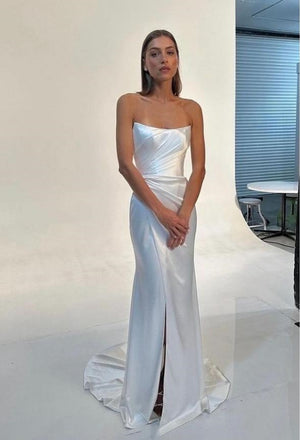 Sliver Strapless Pleat Simple Long Women Evening Prom Evening Dress,ZX236