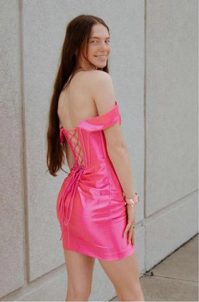 Rose Red Lace Up Pleat Bodycon Off Shoulder Mini New Arrival Homecoming Dresses,HM157