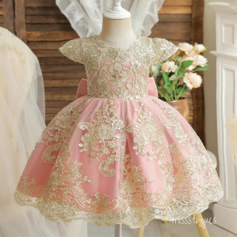 Lace Backless Pink A-Line Cap Shoulder Little Flower Girl Dresses, ET56