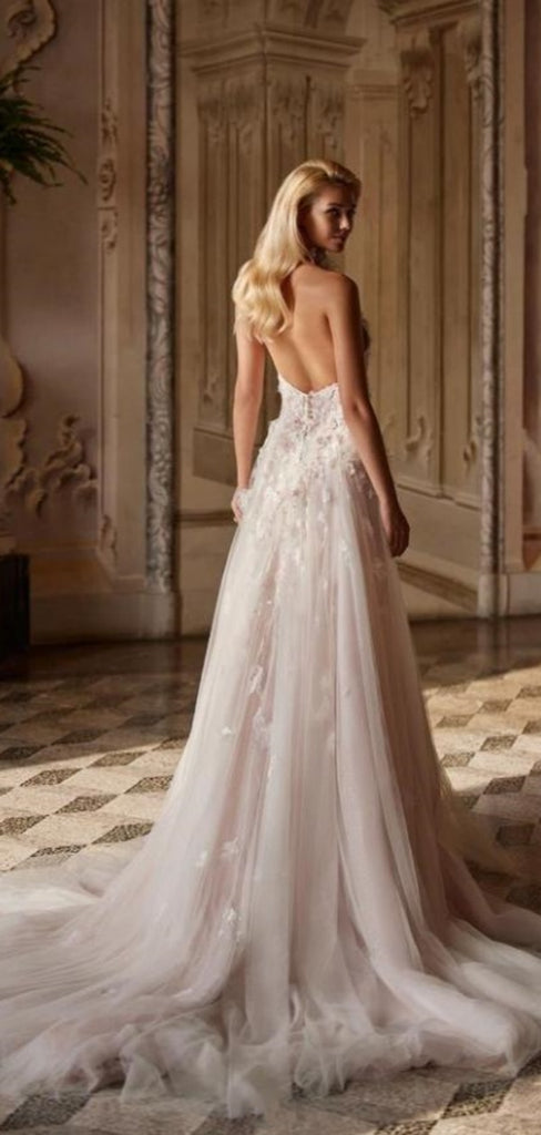 Elegant Halter Tulle White Appliqued Side Slit Long Fashion Wedding Dresses,HS95