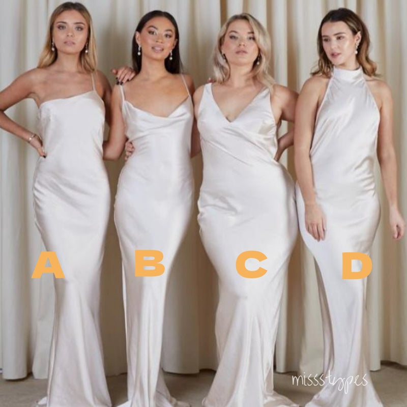 Cheap Simple Mismatched White Soft Satin Mermaid Long Bridesmaid Dresses Online, BL87