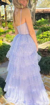 Gorgeous Spaghetti Strap Sequins A-line Long Prom Dress Ideas, Evening Party Dresses,ZX530