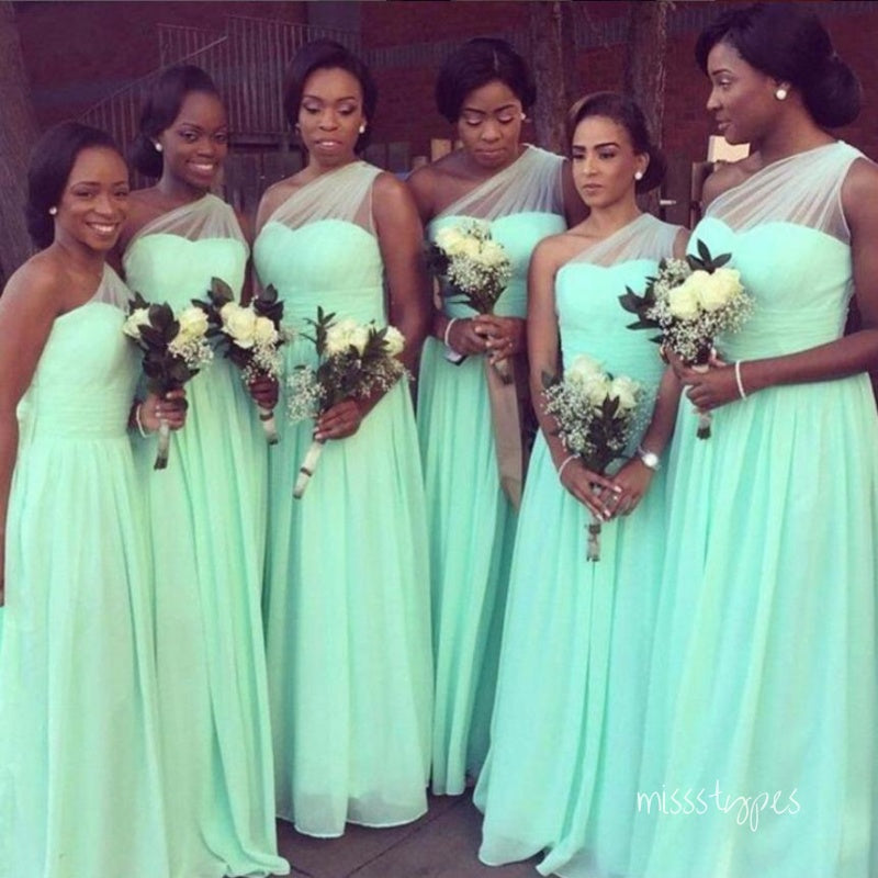 Pretty Mint-Green One Shoulder Tulle A-Line Floor-Length Bridesmaid Dresses Online, BL175