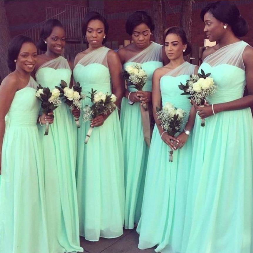 Pretty Mint-Green One Shoulder Tulle A-Line Floor-Length Bridesmaid Dresses Online, BL175