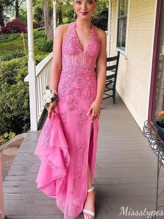 Gorgeous V-neck Halter Lace Mermaid Long Prom Dress Ideas, Evening Party Dresses,ZX787