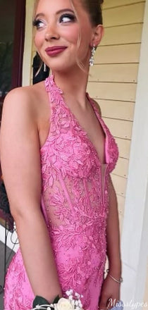 Gorgeous V-neck Halter Lace Mermaid Long Prom Dress Ideas, Evening Party Dresses,ZX787