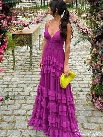 Gorgeous V-neck Spaghetti Strap A-line Long Prom Dress Ideas, Evening Party Dresses,ZX788