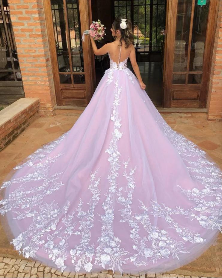 Sexy Appliqued Spaghetti Strap Lilac Long Fashion Wedding Dresses,HS94