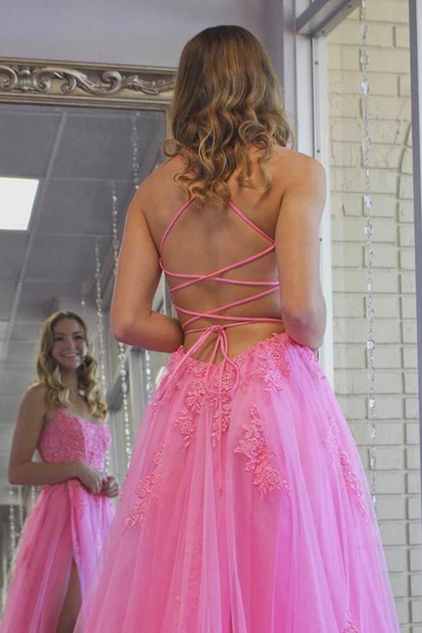 Beautiful Pink Criss-Cross Appliqued Side Slit Tulle Long Prom Evening Dress,ZX257