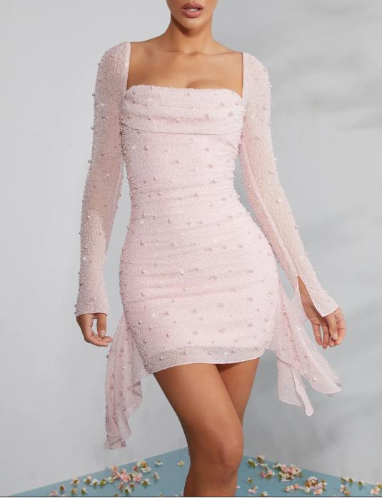 Pink Square Full Sleeve Sparkly Mini Homecoming Dresses, HM89