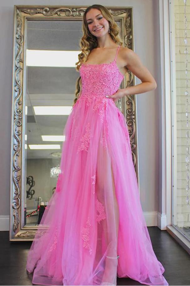 Beautiful Pink Criss-Cross Appliqued Side Slit Tulle Long Prom Evening Dress,ZX257