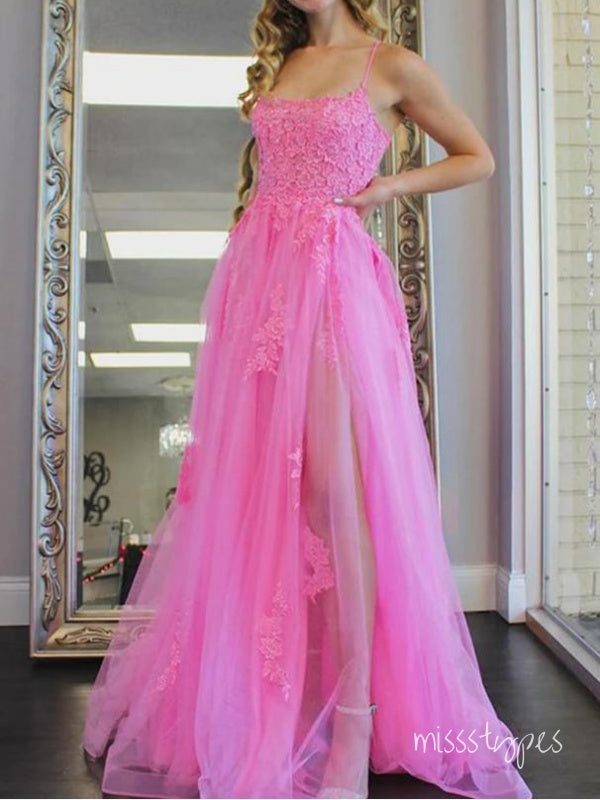 Beautiful Pink Criss-Cross Appliqued Side Slit Tulle Long Prom Evening Dress,ZX257