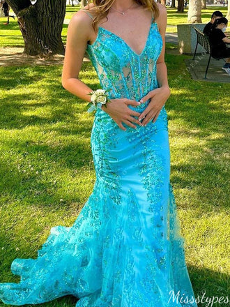 Sexy V-neck Spaghetti Strap Lace Mermaid Long Prom Dress Ideas, Evening Party Dresses,ZX796
