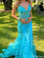 Sexy V-neck Spaghetti Strap Lace Mermaid Long Prom Dress Ideas, Evening Party Dresses,ZX796