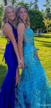 Sexy V-neck Spaghetti Strap Lace Mermaid Long Prom Dress Ideas, Evening Party Dresses,ZX796