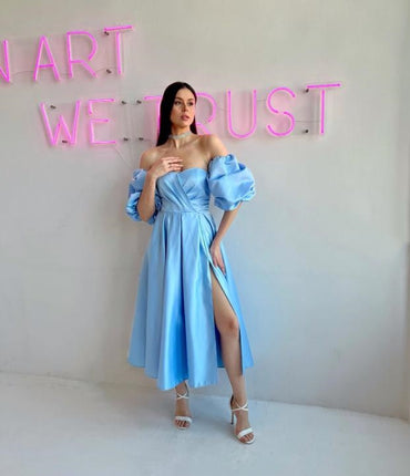 Elegant Blue Off Shoulder Side Slit Tea-Length Evening Prom Evening Dress,ZX200