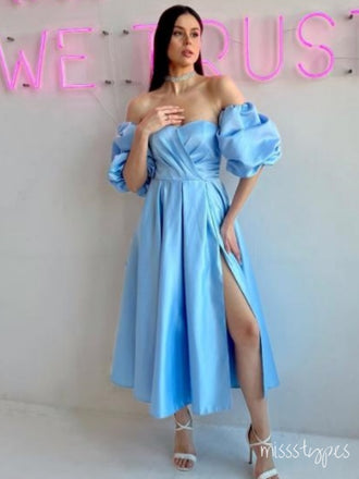 Elegant Blue Off Shoulder Side Slit Tea-Length Evening Prom Evening Dress,ZX200