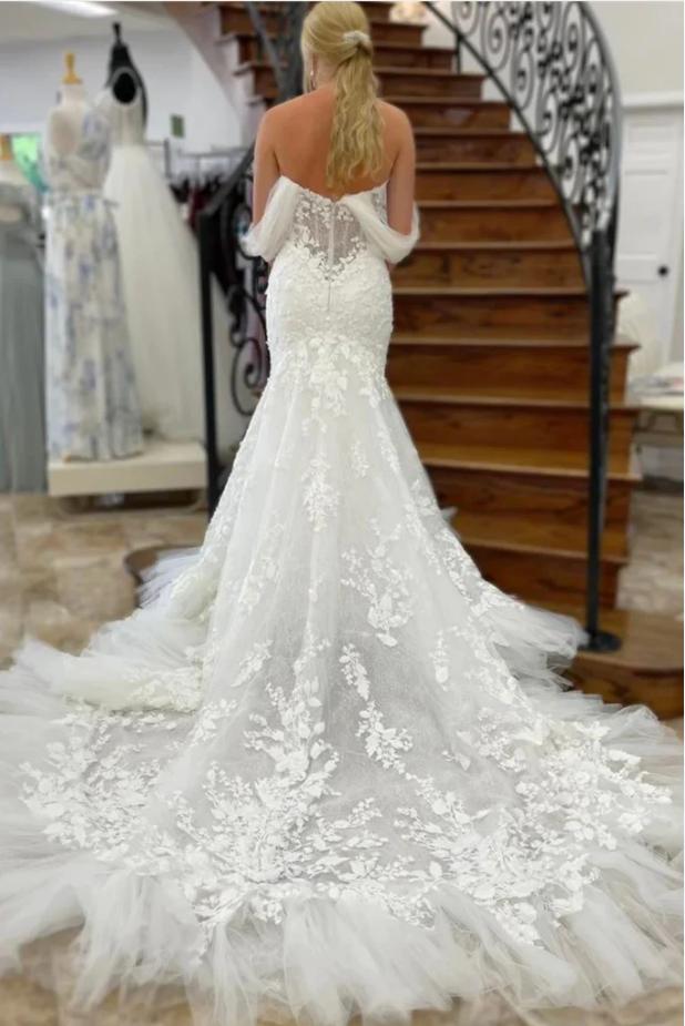 White Gorgeous Appliqued Lace With Trailing Off Shoulder Mermaid Fashion Wedding Dresses,HS87