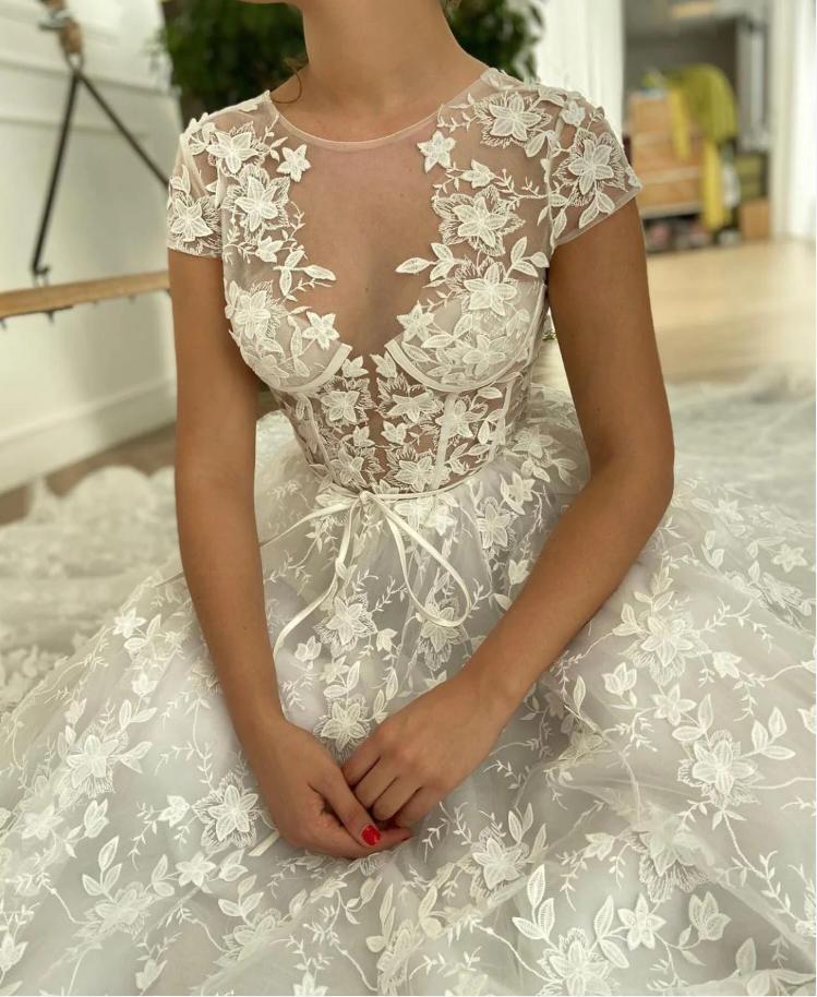 Elegant Yarn Tulle Empire White Appliqued A-Line Fashion Wedding Dresses,HS75