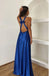 Elegant Regency Blue Spaghetti Strap V-Neck Side Slit Women Long Prom Evening Dress,ZX332