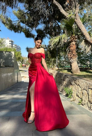 Off Shoulder Red Mermaid Long Side Slit Women Evening Prom Evening Dress,ZX246