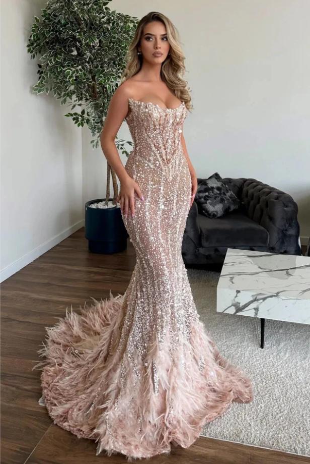 Sexy Strapless Feather Floor-Length Sparkly Mermaid Long Prom Evening Dress,ZX344