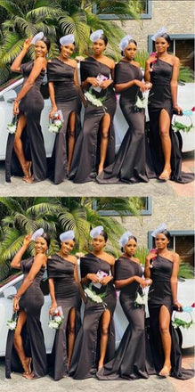 Black Side Slit Sexy Satin Mermaid Women Floor-Length Bridesmaid Dresses Online, BL154