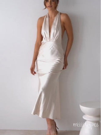 Unique White Soft Satin Deep V-Neck Backless Halter Evening Prom Evening Dress,ZX218