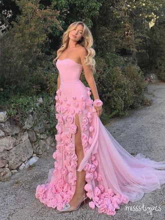 Sexy Sweetheart Hot-Pink Strapless Side Slit Tea-Length Mermaid Prom Dresses ZX29