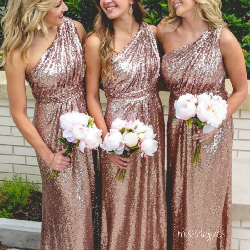 Champagne Sequin Sparkly One Shoulder Mermaid Empire Bridesmaid Dresses Online, BL128