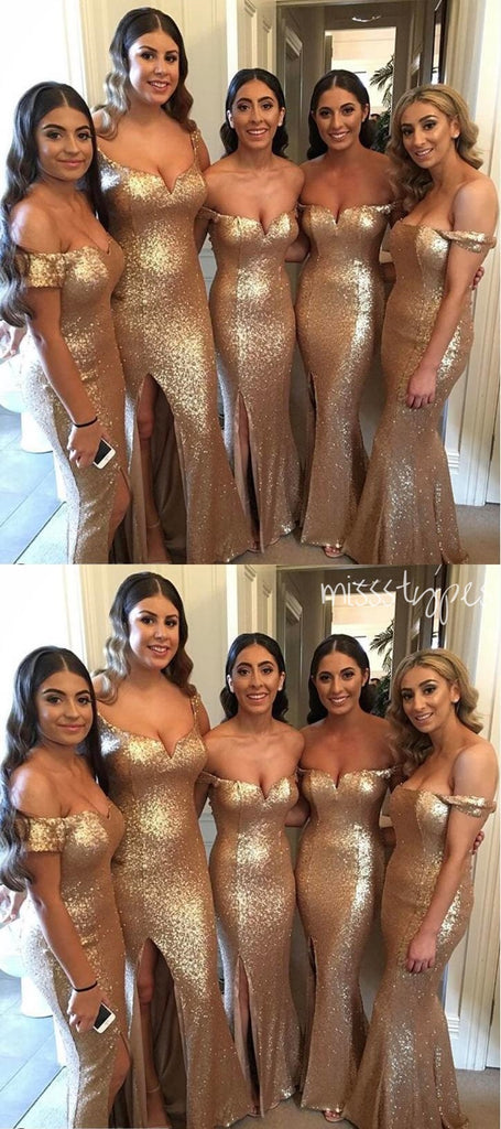 Sexy V-Neck Side Slit Gold Bodycon Long Bridesmaid Dresses Online, BL89