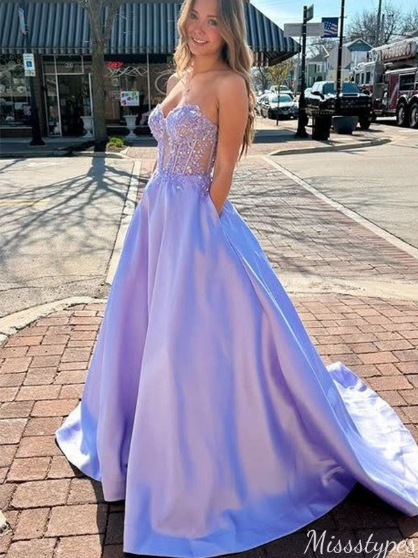 Gorgeous Strapless Sweetheart A-line Long Prom Dress Ideas, Evening Party Dresses,ZX813