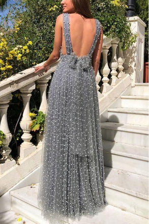 Spotted Simple Sliver V-Neck Backless Long Prom Evening Dress,ZX256
