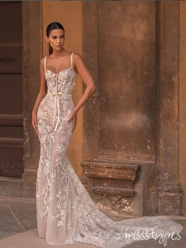 Off White Simple Spaghetti Strap Appliqued Floor-Length Mermaid Wedding Dresses HS29