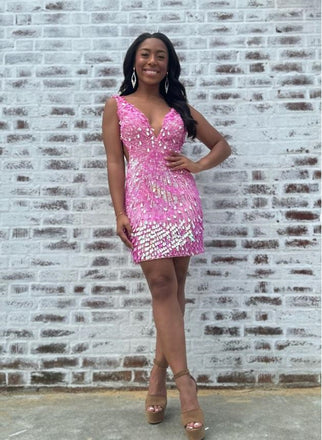 Sparkly Pink V-Neck Spaghetti Strap Bodycon Mini New Arrival Homecoming Dresses,HM146