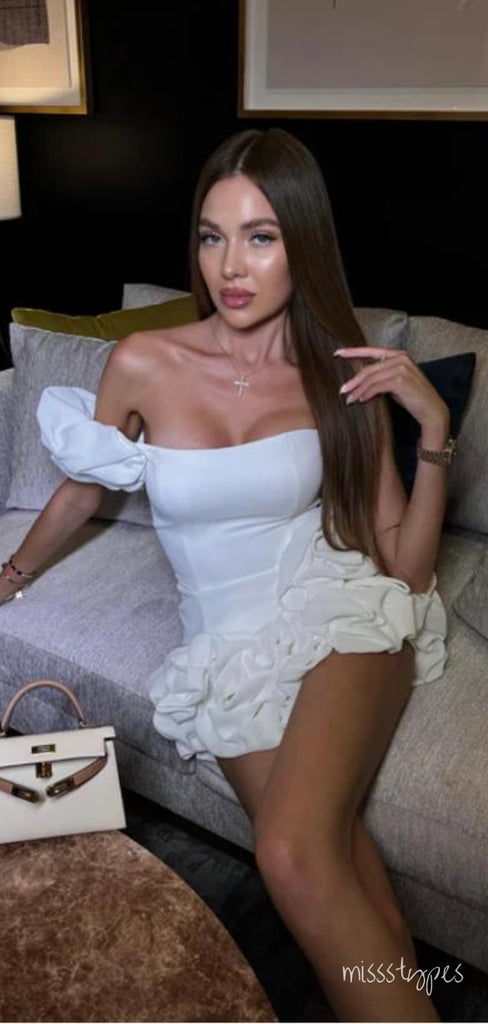 White Women Satin Off Shoulder Ruffle Mini New Arrival Homecoming Dresses,HM112