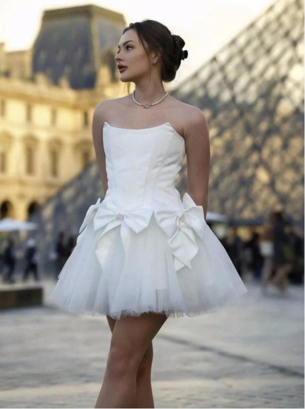 Off White Charming Strapless Pretty A-Line Flower Tulle Mini New Arrival Homecoming Dresses,HM180