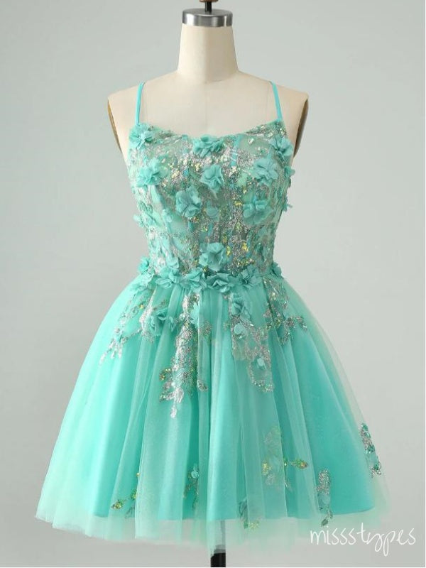 Green Beautiful Spaghetti Strap Tulle Appliqued A-Line Mini Homecoming Dresses, HM80