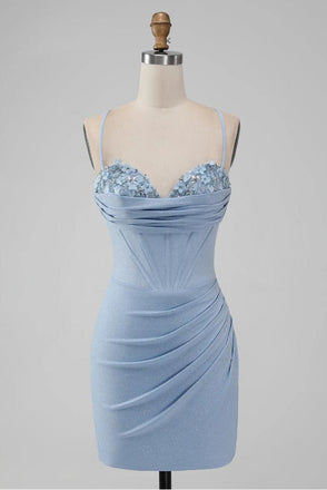 Women Blue Beading Sweetheart Pleat Sexy Mini Homecoming Dresses, HM81