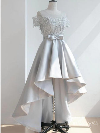 Luxurious High Low Sliver Satin Bow Appliqued Long Prom Evening Dress,ZX255