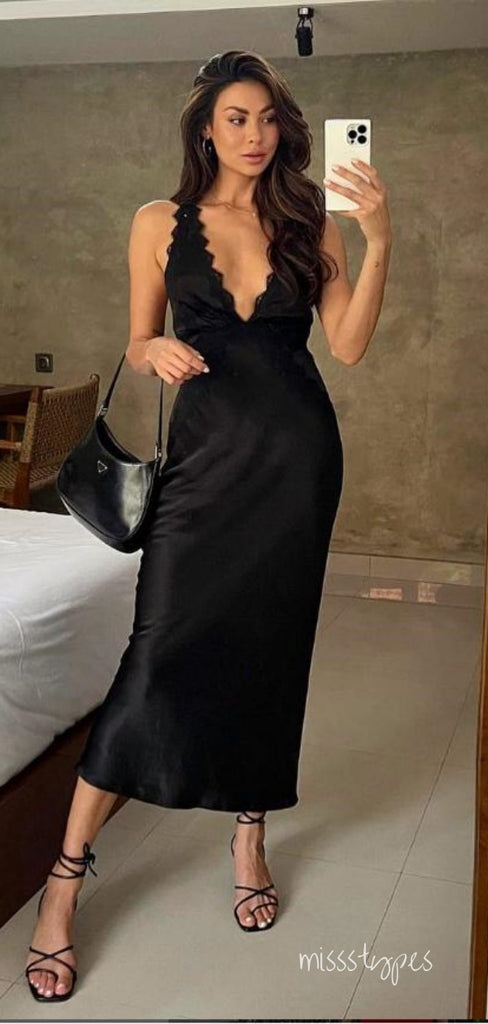 Elegant V-Neck Black Spaghetti Strap Women Long Prom Evening Dress,ZX374