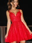 Gorgeous Spaghetti Strap V-neck Lace A-line Short Mini Homecoming Dress,HM329