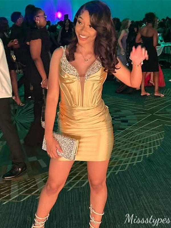 Elegant Spaghetti Strap V-neck Sheath Short Mini Homecoming Dress,HM332