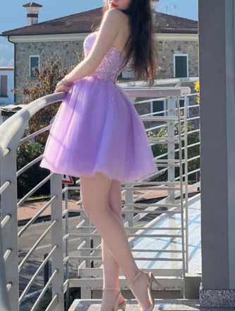 Purple Vintage Beaded Strapless Tulle A-Line Mini New Arrival Homecoming Dresses,HM177