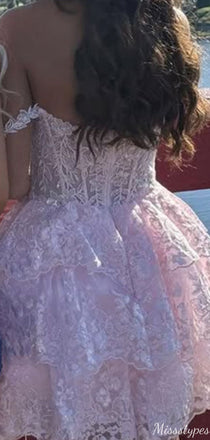 Gorgeous Off-shoulder Sweetheart Lace A-line Short Mini Homecoming Dress,HM341
