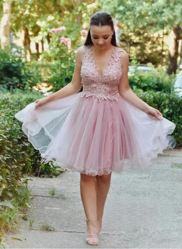 Pink Appliqued V-Neck A-Line Mini New Arrival Homecoming Dresses,HM184