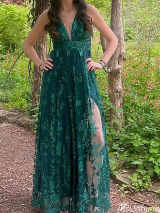 Gorgeous V-neck Lace A-line Long Prom Dress Ideas, Evening Party Dresses,ZX858