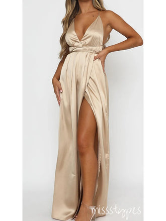 Sexy Champagne V-Neck Spaghetti Strap Backless Long Soft Prom Dresses,ZX78