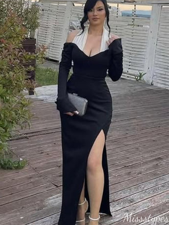Formal Halter Long Sleeves Sheath Long Prom Dress Ideas, Evening Party Dresses,ZX873